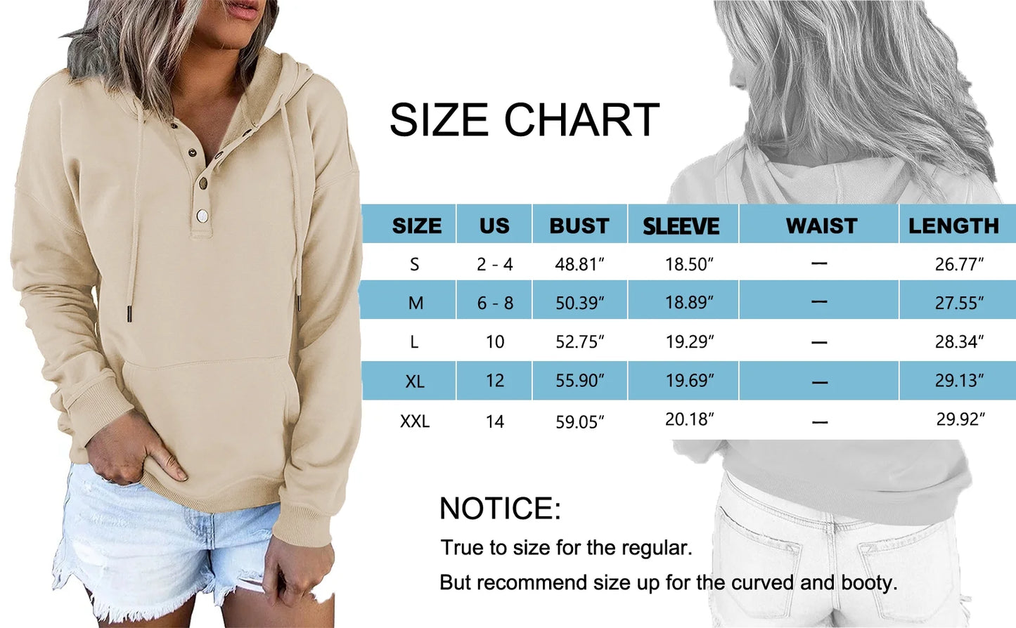 Half Boutton Womens Hoodies Drawstring Hooded Sweatshirts for Woman with Pocket