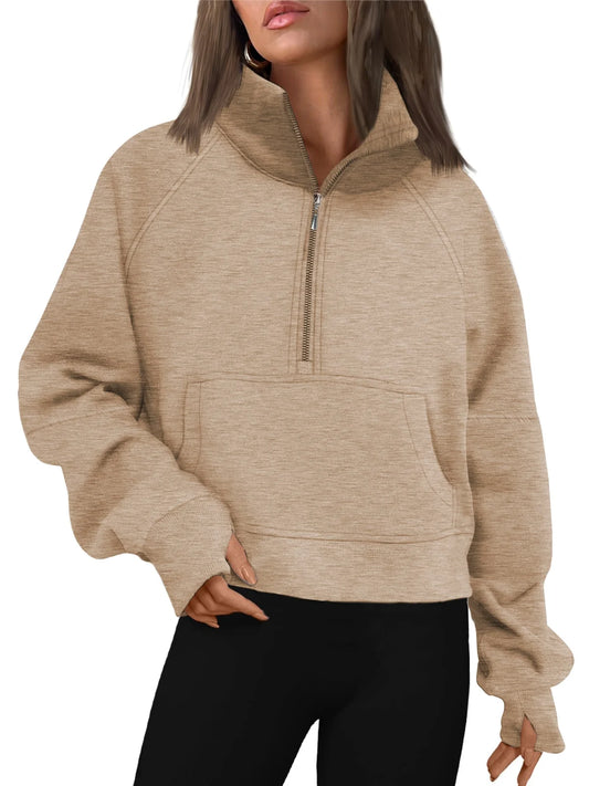 Sweatshirt for Women Half Zip Cropped Pullover Fleece Hoodies Fall Winter Tops Thumb Hole