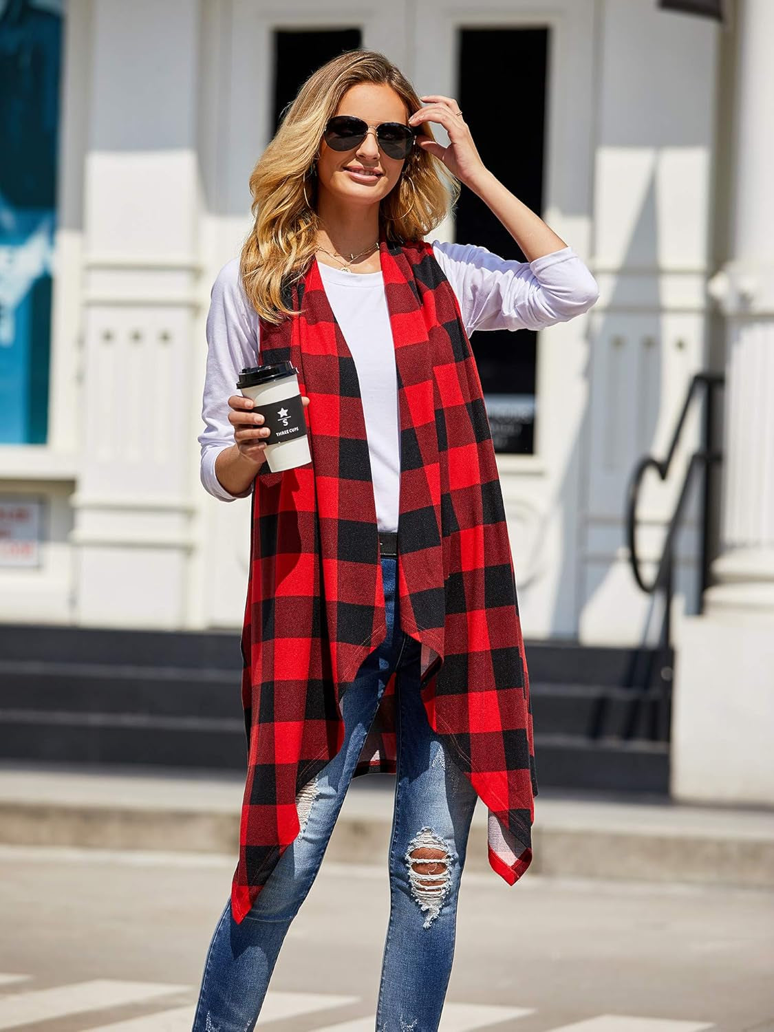 Womens Plaid Open Front Sweaters Sleeveless Duster Cardigans Drape Lightweight Vest Coat with Pockets