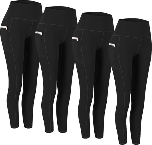 4 Pack High Waist Yoga Pants, Pocket Yoga Pants Tummy Control Workout Leggings 4 Way Stretch Leggings with Pockets