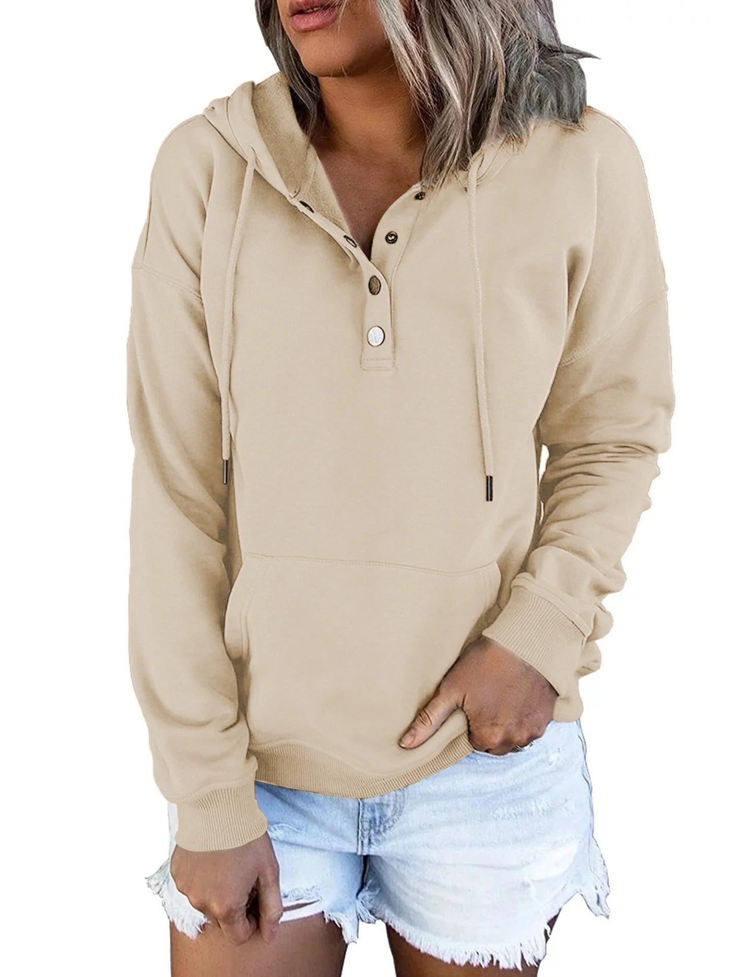 Half Boutton Womens Hoodies Drawstring Hooded Sweatshirts for Woman with Pocket