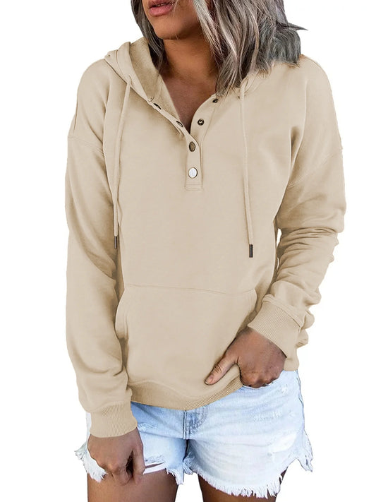 Half Boutton Womens Hoodies Drawstring Hooded Sweatshirts for Woman with Pocket