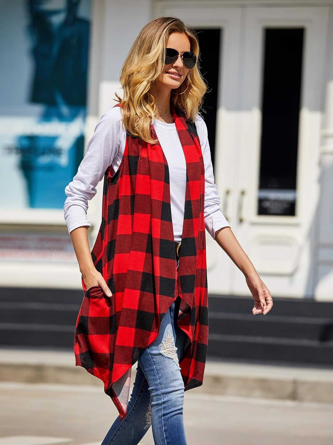 Womens Plaid Open Front Sweaters Sleeveless Duster Cardigans Drape Lightweight Vest Coat with Pockets